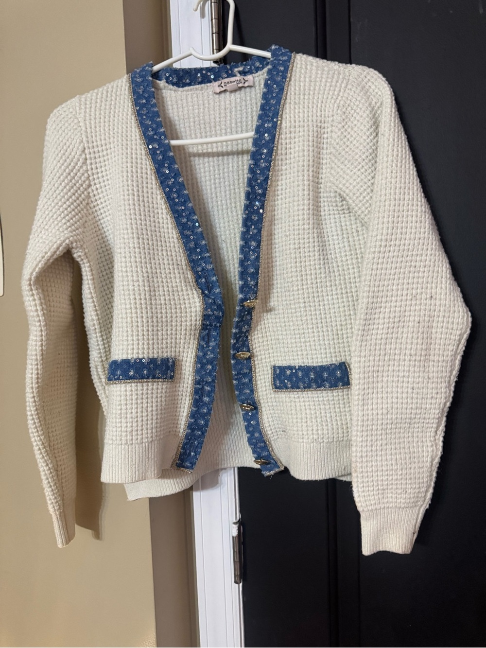 Cream Knit Cardigan with Blue Trim